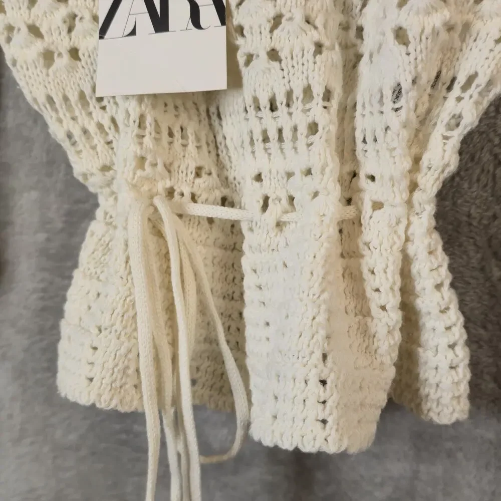 ZARA Eyelet Crochet Long Sleeve Top Size Small Boho Cottagecore Festival NWT